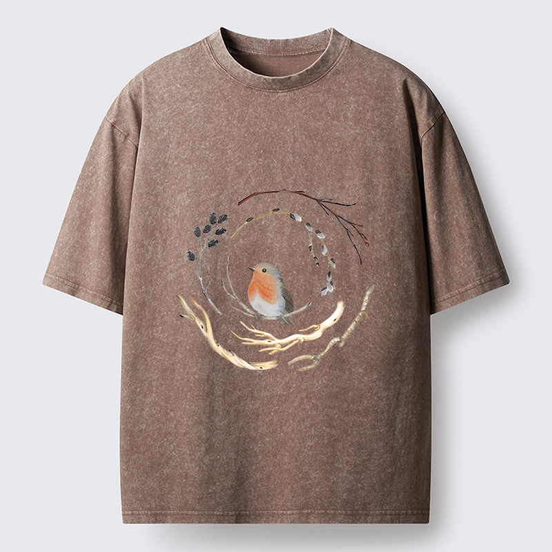 Tokyo-Tiger Cute Robin On Branch Washed T-Shirt