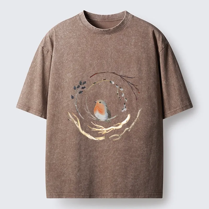 Tokyo-Tiger Cute Robin On Branch Washed T-Shirt