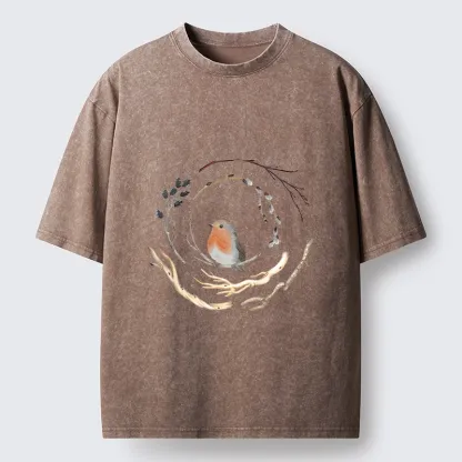 Tokyo-Tiger Cute Robin On Branch Washed T-Shirt