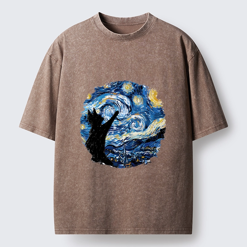 Tokyo-Tiger Starry Night Black Cat Washed T-Shirt