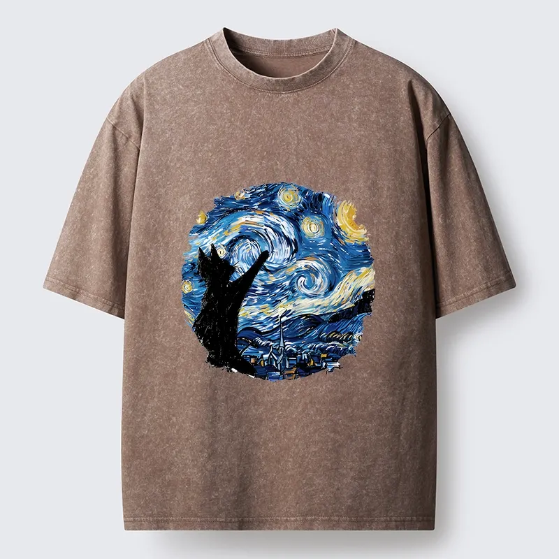 Tokyo-Tiger Starry Night Black Cat Washed T-Shirt