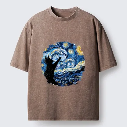 Tokyo-Tiger Starry Night Black Cat Washed T-Shirt