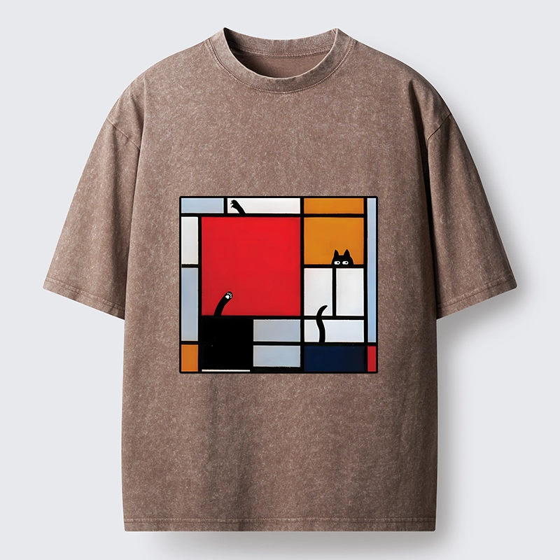 Tokyo-Tiger Geometric Cat Hide And Seek Washed T-Shirt