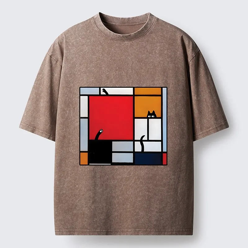 Tokyo-Tiger Geometric Cat Hide And Seek Washed T-Shirt