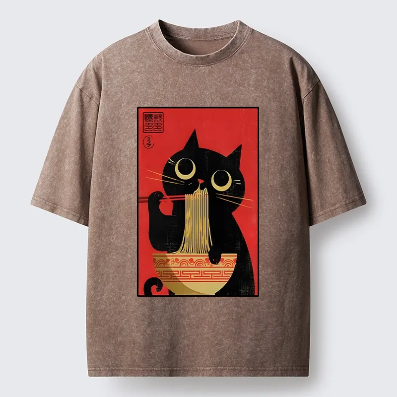 Tokyo-Tiger Cat Eats Ramen Like A Pro Washed T-Shirt