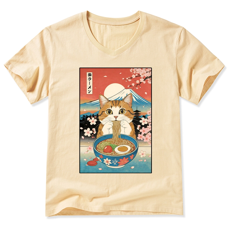 Tokyo-Tiger Funny Orange Cat Eating Ramen Japan V-Neck Classic T-Shirt