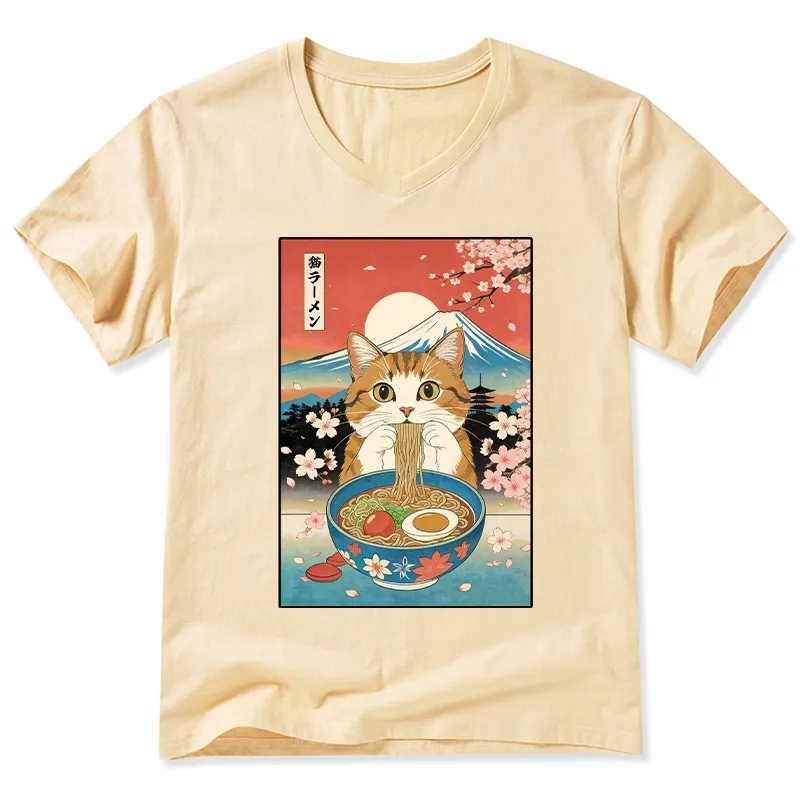 Tokyo-Tiger Funny Orange Cat Eating Ramen Japan V-Neck Classic T-Shirt