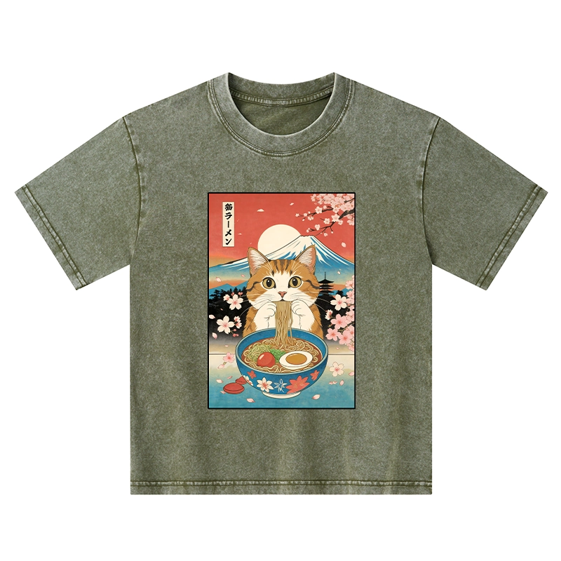 Tokyo-Tiger Funny Orange Cat Eating Ramen Japan Kids Washed T-Shirt