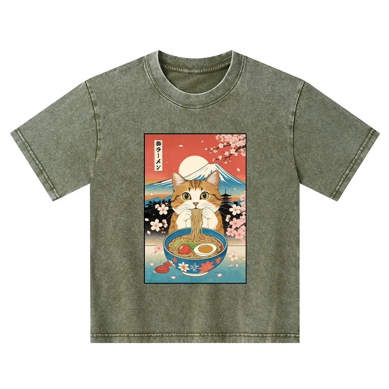 Tokyo-Tiger Funny Orange Cat Eating Ramen Japan Kids Washed T-Shirt