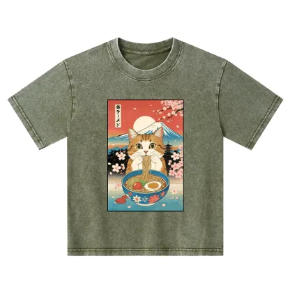Tokyo-Tiger Funny Orange Cat Eating Ramen Japan Kids Washed T-Shirt