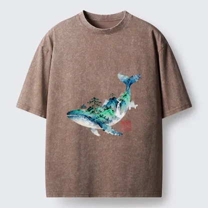 Tokyo-Tiger Whale Ink Painting Landscape Washed T-Shirt