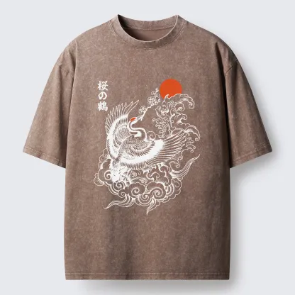 Tokyo-Tiger Sakura Crane In Flight Washed T-Shirt