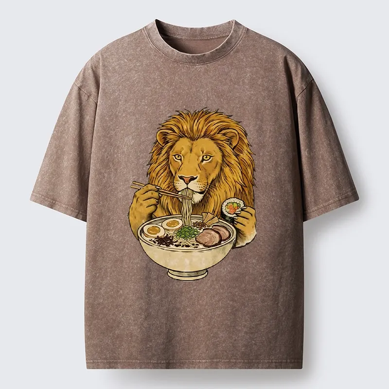 Tokyo-Tiger King Lion Enjoying Ramen Dinner Washed T-Shirt Sale