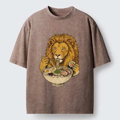 Tokyo-Tiger King Lion Enjoying Ramen Dinner Washed T-Shirt
