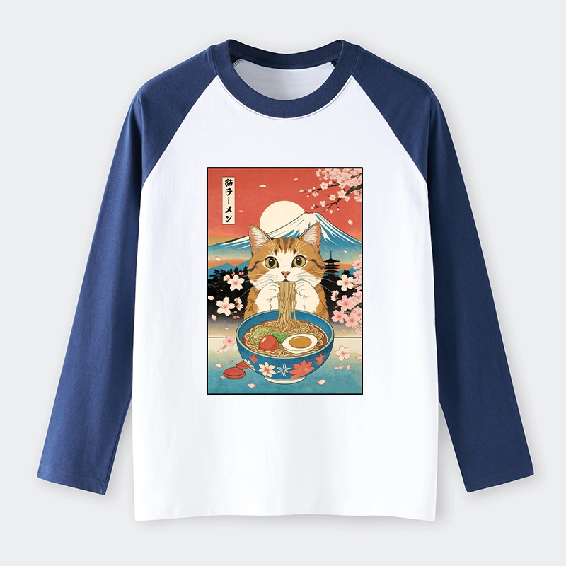 Tokyo-Tiger Funny Orange Cat Eating Ramen Japan Raglan Long Sleeve T-shirt