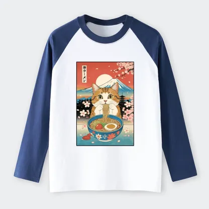 Tokyo-Tiger Funny Orange Cat Eating Ramen Japan Raglan Long Sleeve T-shirt