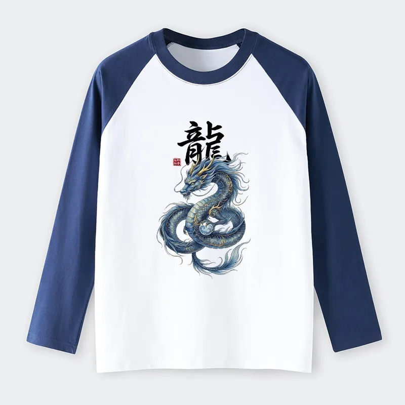 Tokyo-Tiger Mythic Blue Dragon Raglan Long Sleeve T-shirt