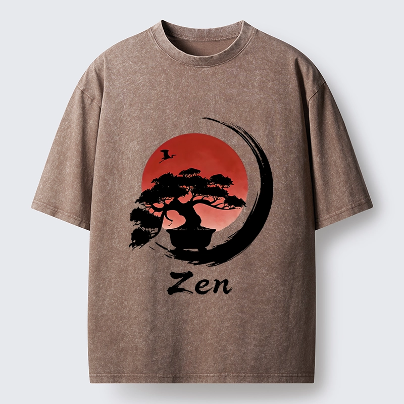 Tokyo-Tiger Zen Bonsai Peaceful Retreat Washed T-Shirt