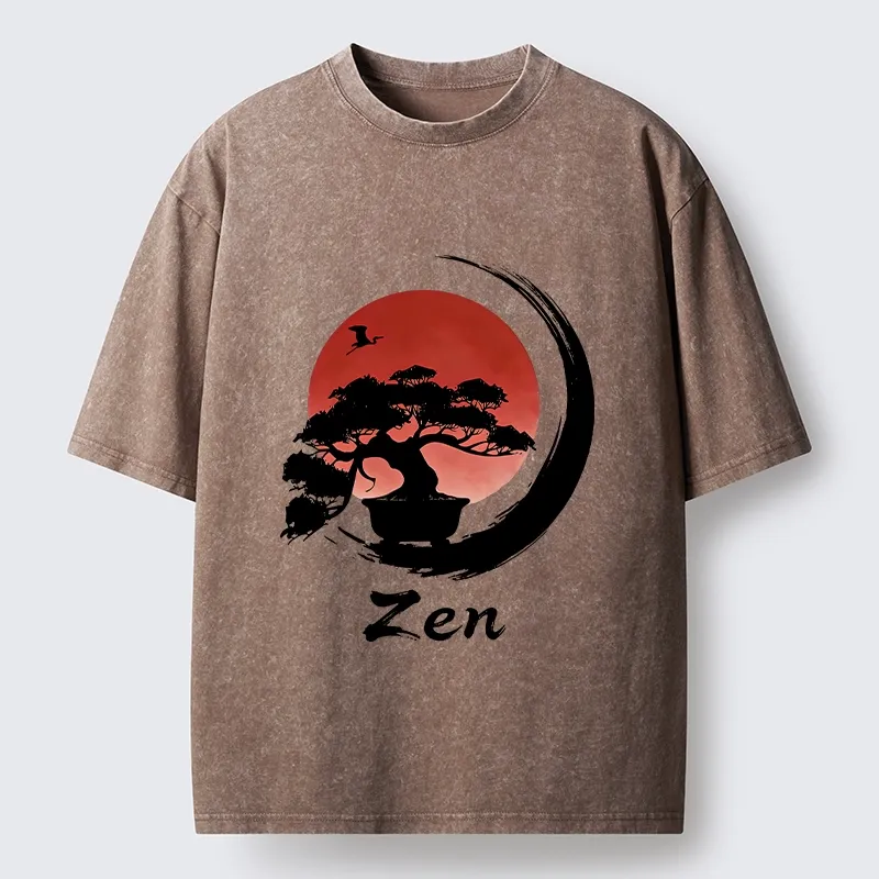 Tokyo-Tiger Zen Bonsai Peaceful Retreat Washed T-Shirt