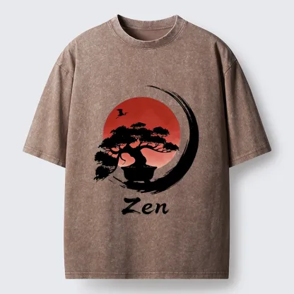 Tokyo-Tiger Zen Bonsai Peaceful Retreat Washed T-Shirt