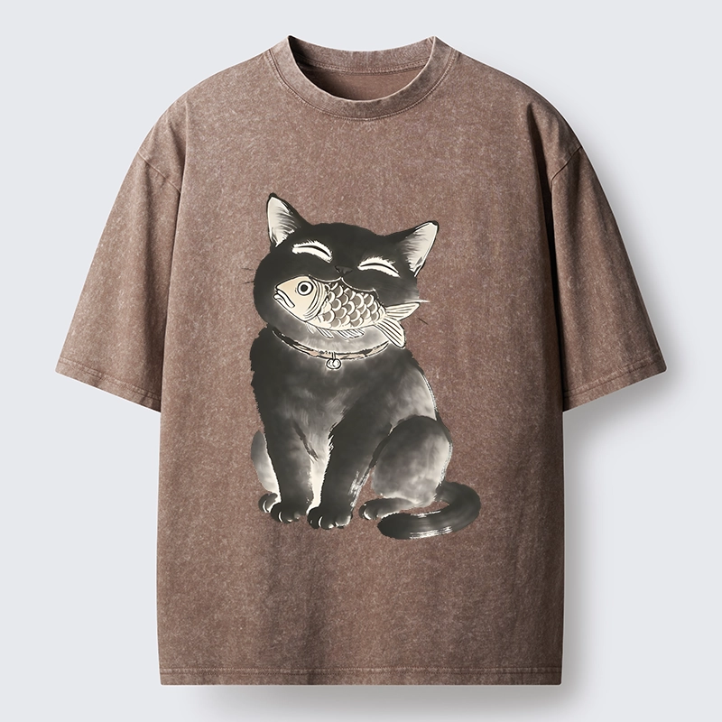 Tokyo-Tiger Black Cat Delightful Feast Washed T-Shirt