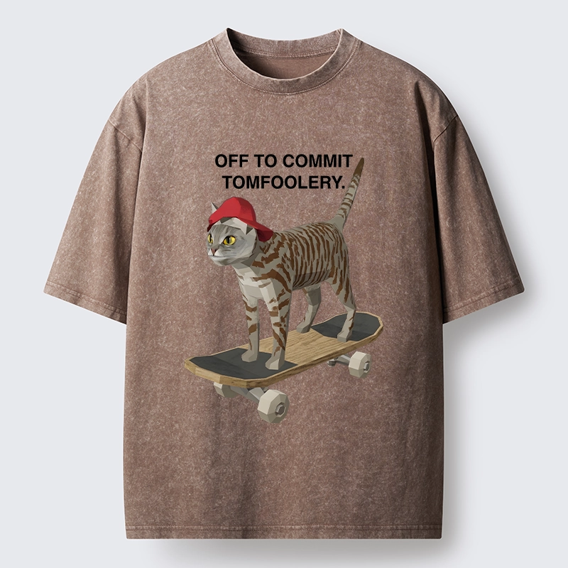 Tokyo-Tiger Skateboarding Cat Funny Meme Washed T-Shirt