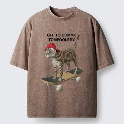 Tokyo-Tiger Skateboarding Cat Funny Meme Washed T-Shirt