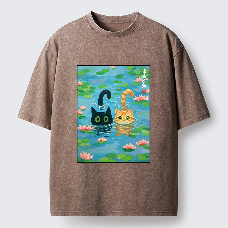 Tokyo-Tiger Cats In The Lotus Pond Washed T-Shirt