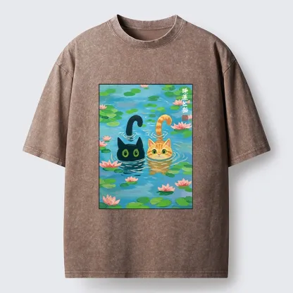 Tokyo-Tiger Cats In The Lotus Pond Washed T-Shirt