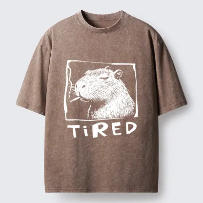Tokyo-Tiger Tired Life Funny Capybara Art Washed T-Shirt