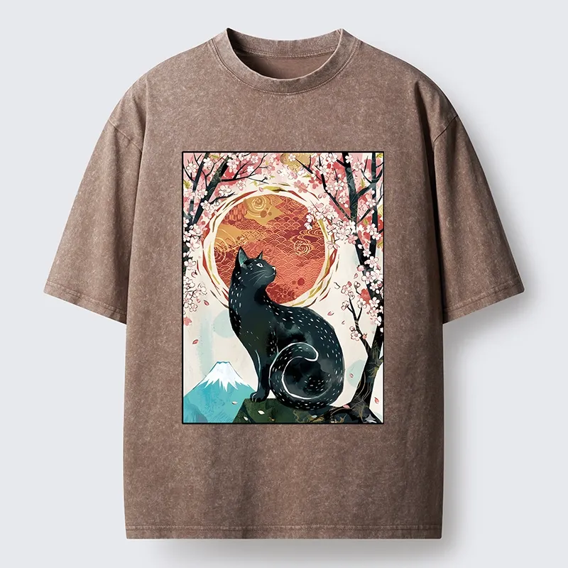 Tokyo-Tiger Black Cat Sakura Washed T-Shirt