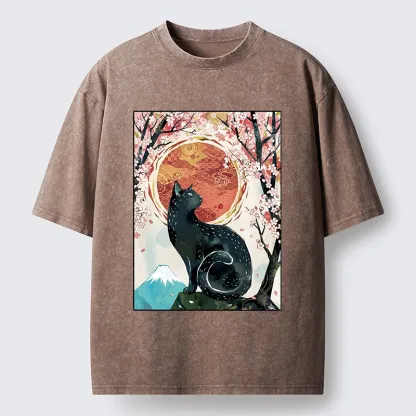 Tokyo-Tiger Black Cat Sakura Washed T-Shirt