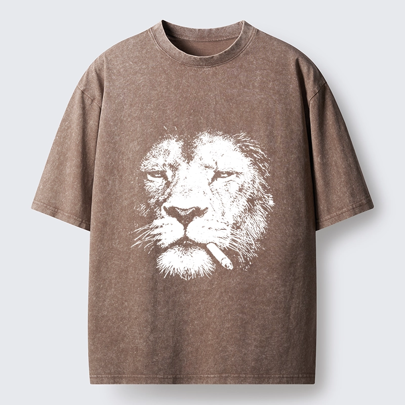 Tokyo-Tiger Tired Lion Funny Smoking Washed T-Shirt