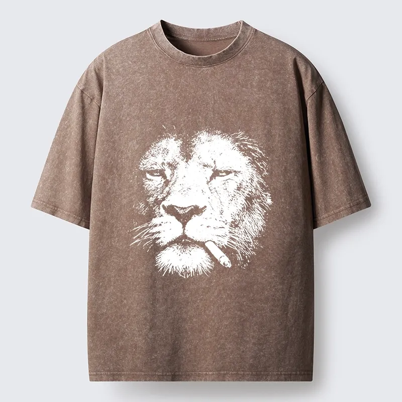 Tokyo-Tiger Tired Lion Funny Smoking Washed T-Shirt