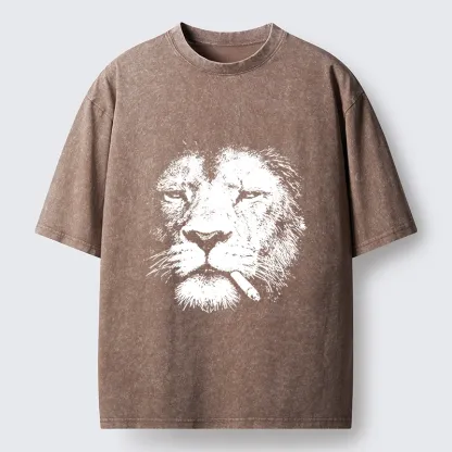Tokyo-Tiger Tired Lion Funny Smoking Washed T-Shirt