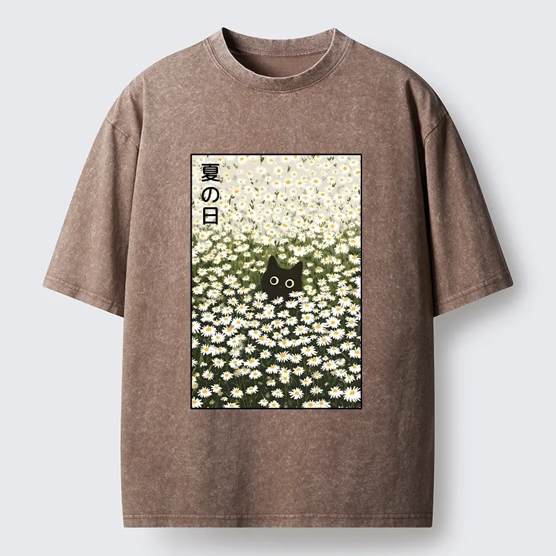 Tokyo-Tiger Summer Day Daisies Black Cat Washed T-Shirt