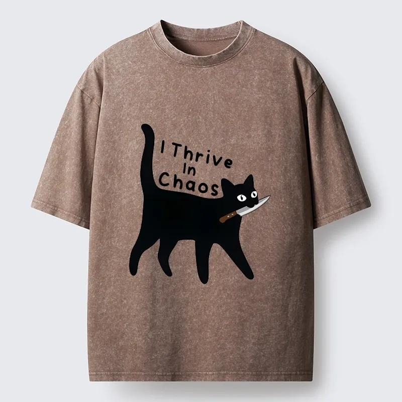 Tokyo-Tiger Chaotic Black Cat With Knife Washed T-Shirt