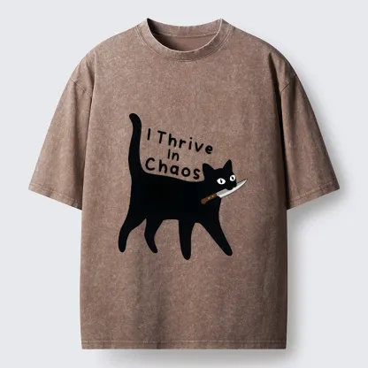 Tokyo-Tiger Chaotic Black Cat With Knife Washed T-Shirt