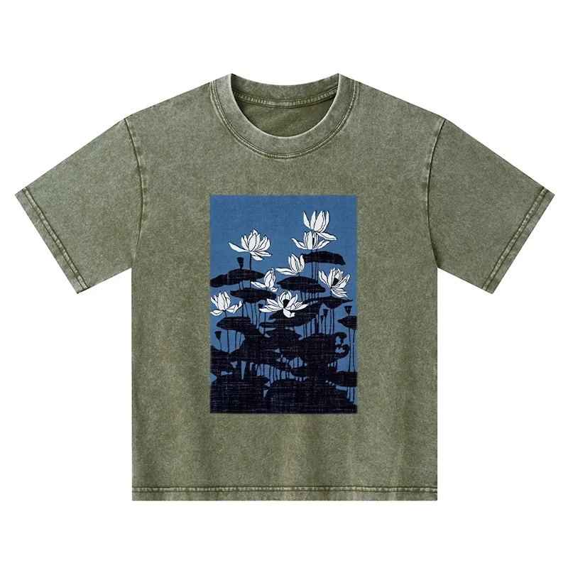 Tokyo-Tiger Blue Lotus Japanese Art Kids Washed T-Shirt
