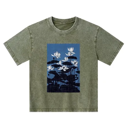 Tokyo-Tiger Blue Lotus Japanese Art Kids Washed T-Shirt