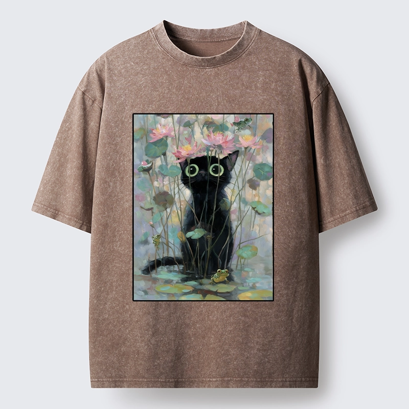 Tokyo-Tiger Black Cat In The Lotus Pond Washed T-Shirt