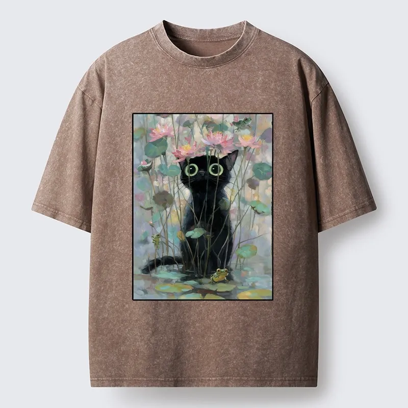 Tokyo-Tiger Black Cat In The Lotus Pond Washed T-Shirt