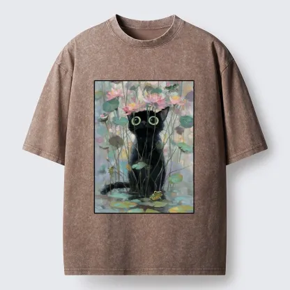 Tokyo-Tiger Black Cat In The Lotus Pond Washed T-Shirt