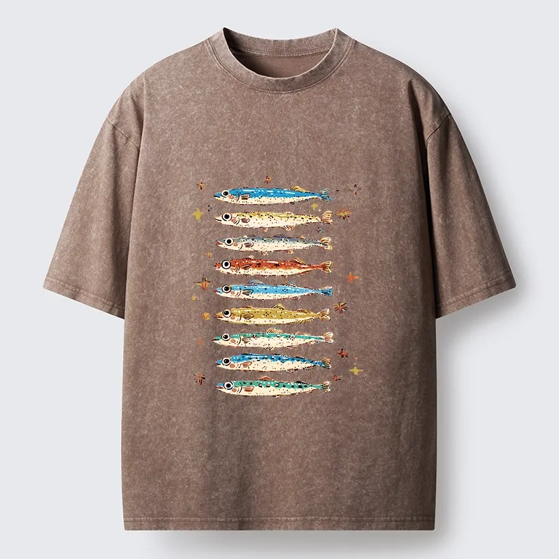Tokyo-Tiger Colorful Fish Family Art Washed T-Shirt