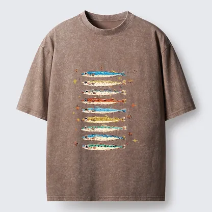 Tokyo-Tiger Colorful Fish Family Art Washed T-Shirt