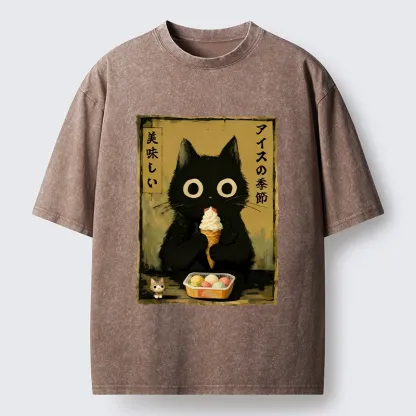 Tokyo-Tiger Black Cat Loves Ice Cream Washed T-Shirt