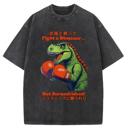 Tokyo-Tiger Fighting Dinosaurs Washed T-Shirt