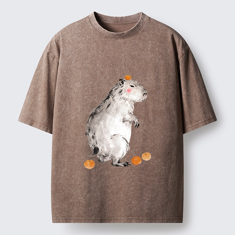 Tokyo-Tiger Orange On Capybara Funny Washed T-Shirt