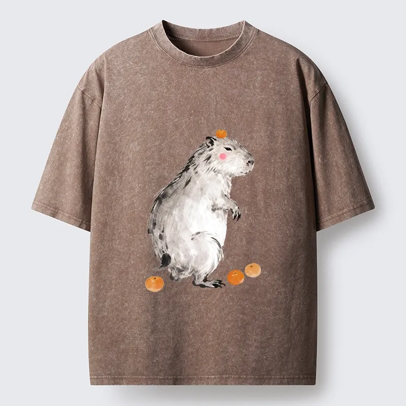 Tokyo-Tiger Orange On Capybara Funny Washed T-Shirt