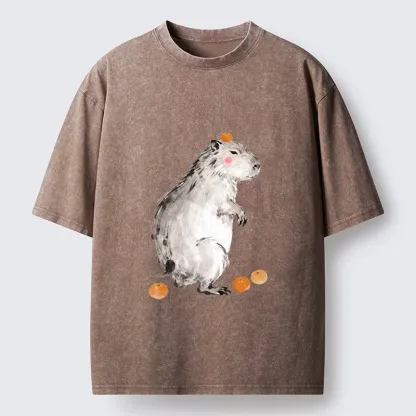 Tokyo-Tiger Orange On Capybara Funny Washed T-Shirt